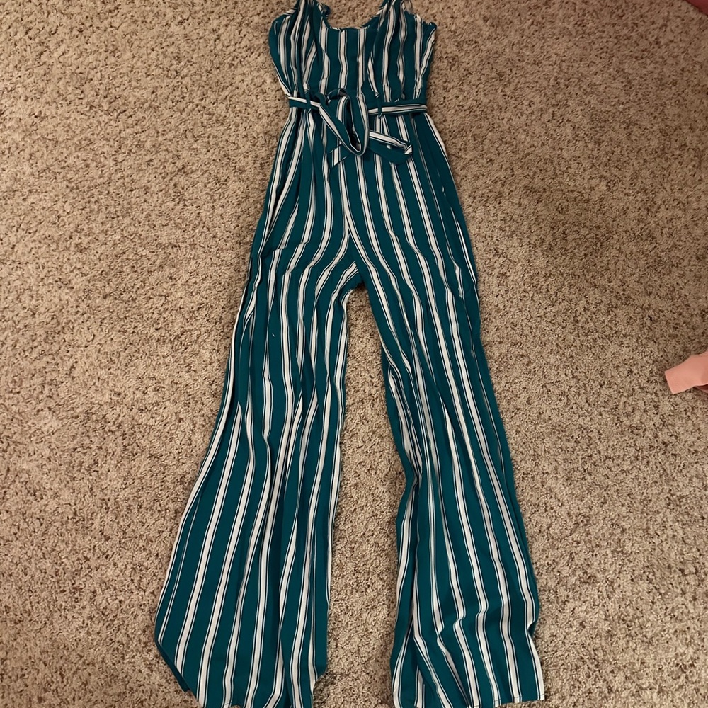 Forever 21 Teal and White Striped Jumpsuit